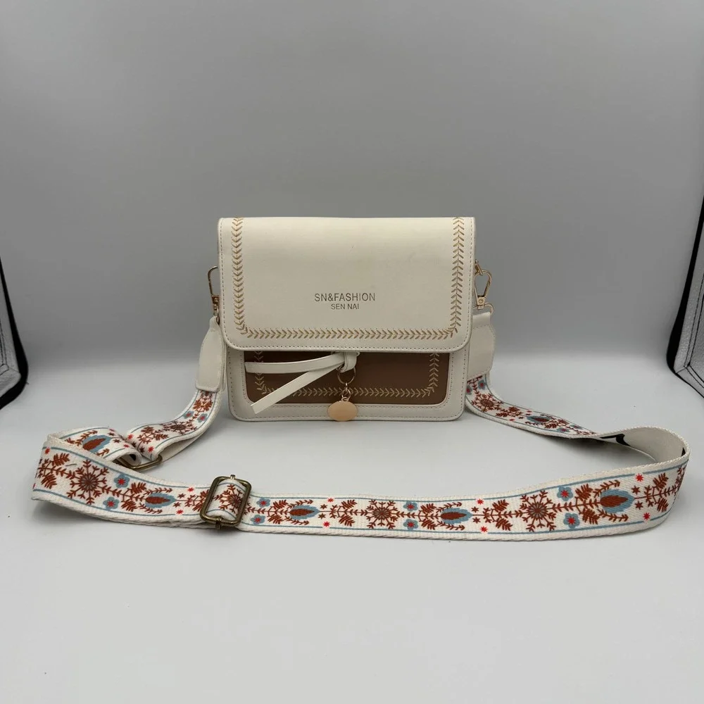 SN&F Fashion Sen Nai Small Purse White Brown Retro Strap Crossbody